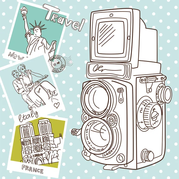 Reizen met uw vintage camera. — Stockvector