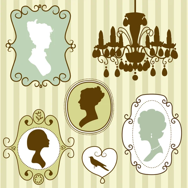 Vintage frames ladies silhouettes — Stock Vector