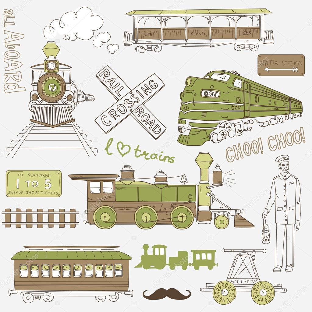 Vintage trains and railroad doodles