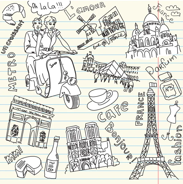 Sightseeing in Paris Doodles — Stockvektor