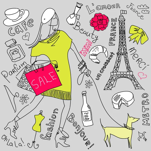 Compras em Paris doodles — Vetor de Stock