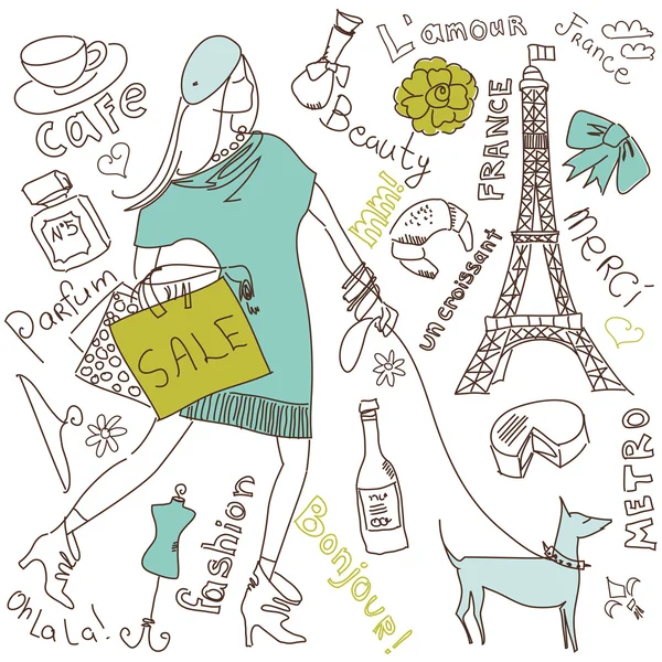 Compras em Paris doodles — Vetor de Stock