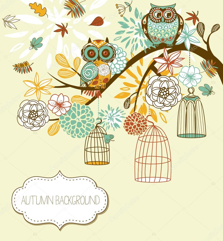 Owl winter floral background.