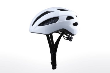 Beyaz Bisiklet kaskı beyaz arka plan üzerinde izole. Bisiklet kask yan görünüm