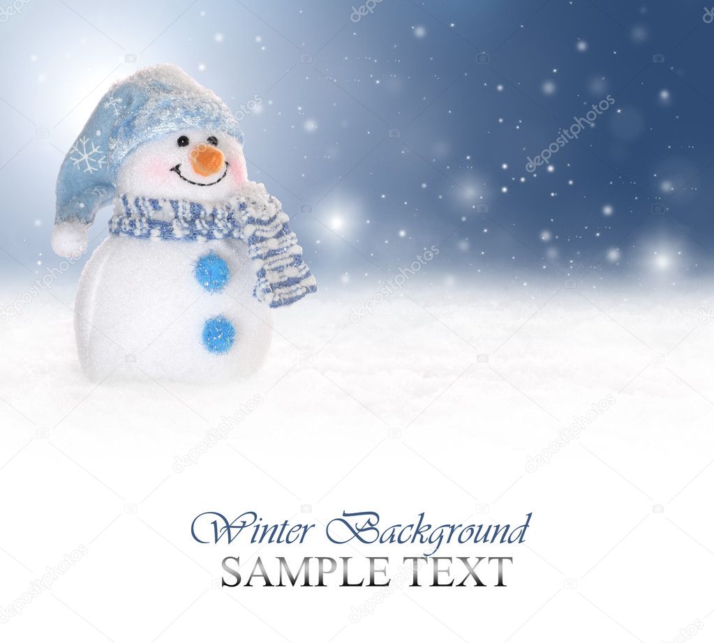 Winter background with a snowman, snow and snowflakes