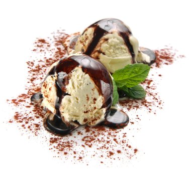 Tiramisu ice cream scoops with chocolate topping and cocoa clipart