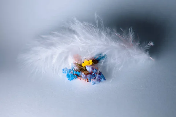 Multicolored Flowers Covered Feathers White Background — Fotografia de Stock