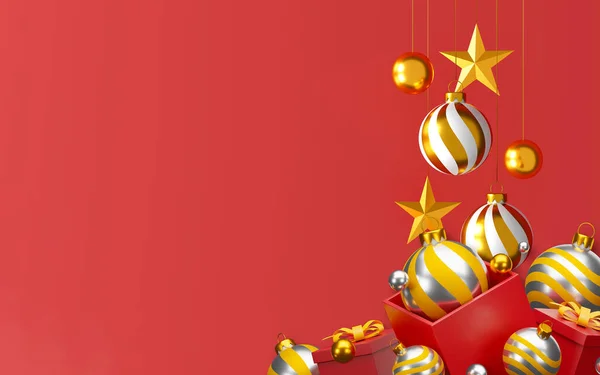 赤い背景に金色の銀のボールと黄金の星とクリスマスと幸せな新年の装飾 3Dイラスト — ストック写真