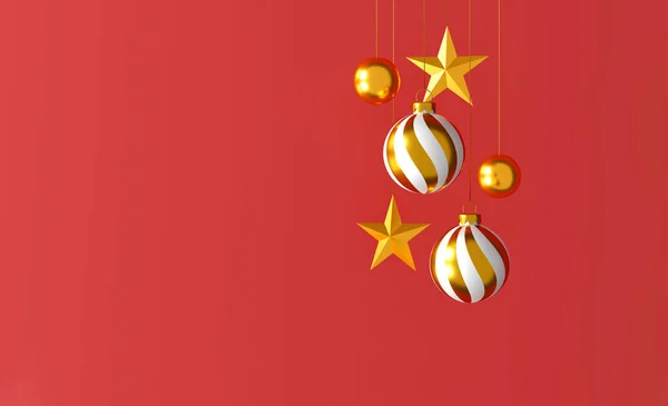 Рождественские Новогодние Украшения Золотым Серебряным Шаром Золотой Звездой Красном Фоне — стоковое фото