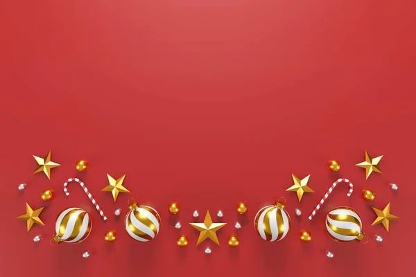 Різдвяні Щасливі Новорічні Прикраси Золотим Срібним Ячем Золотою Зіркою Червоному — стокове фото