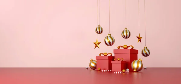 Noel ve kırmızı hediye kutusu, altın gümüş top ve kırmızı arka planda altın yıldız olan mutlu yeni yıl süslemeleri. 3d illüstrasyon