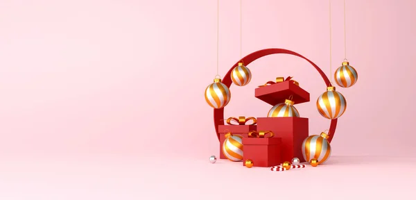 Karácsonyi Boldog Évet Dekorációk Egy Piros Ajándék Doboz Arany Ezüst — Stock Fotó