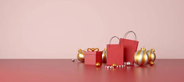 赤の背景に赤いギフトボックス 黄金の銀のボールと黄金の星とクリスマスと幸せな新年の装飾 3Dイラスト — ストック写真