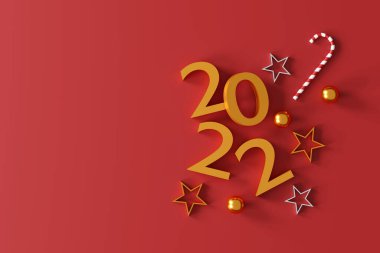 Mutlu Noeller ve yeni yıl 2022 sunar konsepti. Kırmızı arka planda kırmızı hediye kutuları ve Noel dekoru. Üst Manzara. Düz yat. 3B illüstrasyon