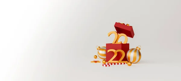 圣诞节快乐 2022年是新的一年 红色礼品盒和白色背景的圣诞装饰 3D插图 — 图库照片
