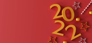 Mutlu Noeller ve yeni yıl 2022 sunar konsepti. Kırmızı hediye kutuları, altın top, altın yıldız, 2022 3D metin ve kırmızı arka planda noel dekoru. Üst Manzara. Düz yat. 3B illüstrasyon 