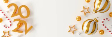 Mutlu Noeller ve yeni yıl 2022 sunar konsepti. Altın top, altın yıldız, 2022 3D metin ve beyaz arka planda noel dekoru. Üst Manzara. Düz yat. 3B illüstrasyon