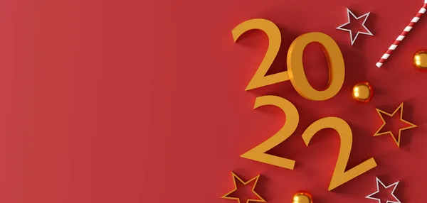 Mutlu Noeller ve yeni yıl 2022 sunar konsepti. Kırmızı hediye kutuları, altın top, altın yıldız, 2022 3D metin ve kırmızı arka planda noel dekoru. Üst Manzara. Düz yat. 3B illüstrasyon 