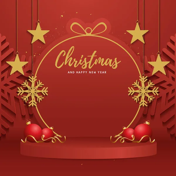 Natal Feliz Ano Novo Fundo Com Decoração Festiva Palco Vermelho — Vetor de Stock