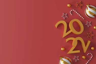 Noel 'le evlen ve kırmızı arka planda altın bir gümüş top ve altın yıldızla mutlu yeni yıl süslemeleri yap. 3d illüstrasyon