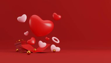 Sevgililer günün kutlu olsun. Dekoratif nesnelerle dolu bir hediye kutusu, kalp şeklinde balonlar, tebrik kartı. Tatil afişi tasarımı. 3B illüstrasyon