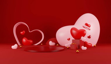 Sevgililer günün kutlu olsun. Kırmızı gerçekçi sahne podyumu, şenlikli dekoratif nesneler, kalp şeklinde balonlar, hediye kutusu, tebrik kartı. Tatil afişi tasarımı. 3B illüstrasyon