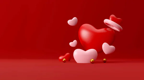 Glücklicher Valentinstag Hintergrund Festliche Dekorationsobjekte Herzförmige Luftballons Geschenkbox Grußkarte Urlaubsbanner — Stockfoto