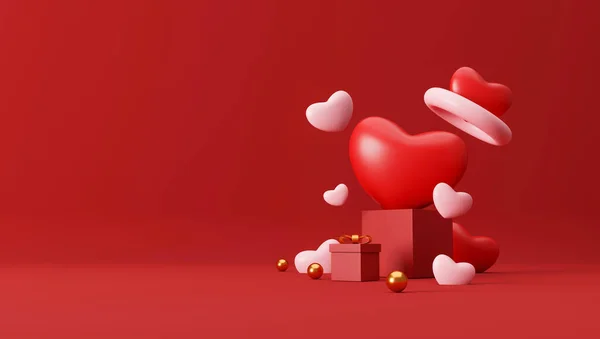 ハッピーバレンタインの日の背景 お祝いの品ハート型の風船プレゼント箱グリーティングカード 休日のバナーデザイン 3Dイラスト — ストック写真
