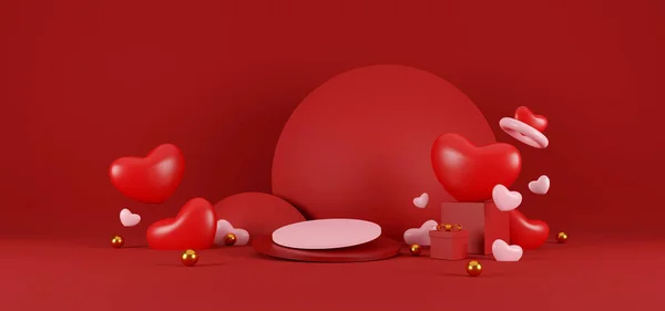 ハッピーバレンタインの日の背景 赤い現実的なステージ表彰台 お祝いの装飾品 ハート型の風船 ギフトボックス グリーティングカード 休日のバナーデザイン 3Dイラスト — ストック写真