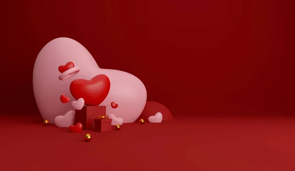 ハッピーバレンタインの日の背景 お祝いの品ハート型の風船プレゼント箱グリーティングカード 休日のバナーデザイン 3Dイラスト — ストック写真