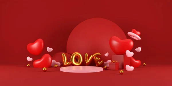 ハッピーバレンタインの日の背景 赤い現実的な舞台の表彰台 お祝いの装飾品 ハート形と愛の言葉のテキスト風船 ギフトボックス グリーティングカード 休日のバナーデザイン 3Dイラスト — ストック写真