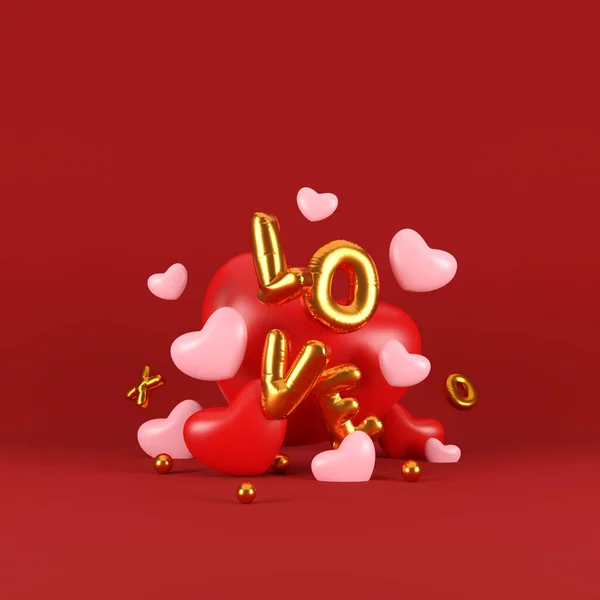 ハッピーバレンタインの日の背景 オープンギフトボックス装飾的なお祝いのオブジェクト ハート型と愛の言葉のテキストバルーン グリーティングカードでいっぱいです 休日のバナーデザイン 3Dイラスト — ストック写真
