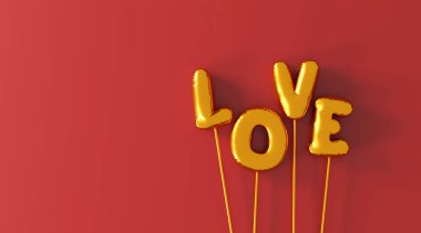 Sevgililer günün kutlu olsun. Dekoratif festival objesi, kalp şeklinde ve sevgi dolu mesaj balonları, tebrik kartı. Tatil afişi tasarımı. Üst Manzara. Düz yat. 3B illüstrasyon