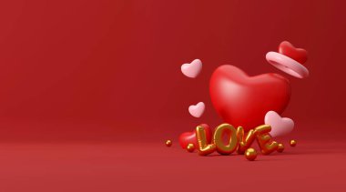 Sevgililer günün kutlu olsun. kırmızı hediye kutusu dekoratif nesne, kalp şeklinde ve sevgi dolu mesaj balonları, tebrik kartı. Tatil afişi tasarımı. 3B illüstrasyon