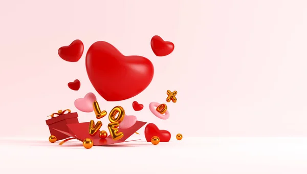 ハッピーバレンタインの日の背景 装飾的なお祝いのオブジェクト心の形と愛の言葉のテキストバルーン グリーティングカード 休日のバナーデザイン 最上階だ 平置きだ 3Dイラスト — ストック写真
