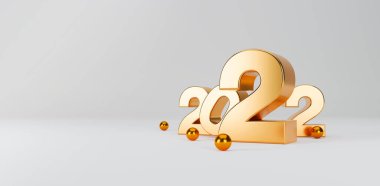 gold glossy 3D figures 2022 with merry christmas and happy new year decorations on white background. 3D illustration