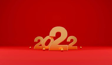 gold glossy 3D figures 2022 with merry christmas and happy new year decorations on red background. 3D illustration