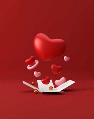 happy valentine's day background. open white gift box of decorative festive object, heart shaped and love word text balloons, greeting card. holiday banner design. 3D illustration