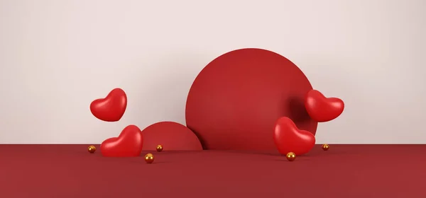 ハッピーバレンタインの日の背景 赤い現実的なステージ表彰台 お祝いの装飾品 ハート型の風船 ギフトボックス グリーティングカード 休日のバナーデザイン 3Dイラスト — ストック写真