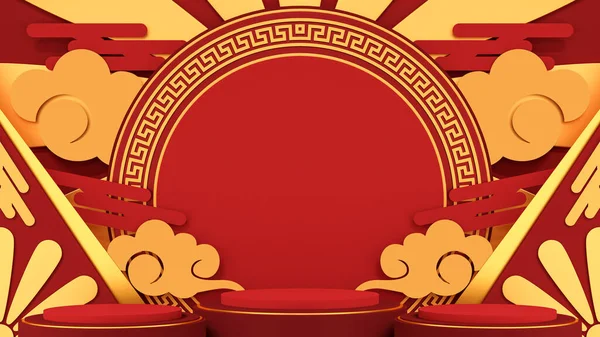 happy chinese new year. asian theme product display podium, gold ball and gold cloud on red background. chinese banner design. 3d illustration