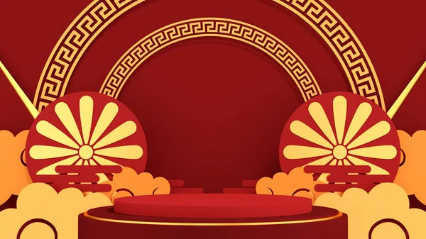 Mutlu Çin Yeni Yılı Asya Temalı Ürün Podyumu Altın Top — Stok fotoğraf