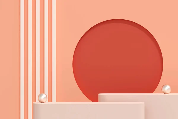 Orangefarbenes Podium Auf Orangefarbenem Hintergrund Konzept Szene Bühne Schaufenster Für — Stockfoto