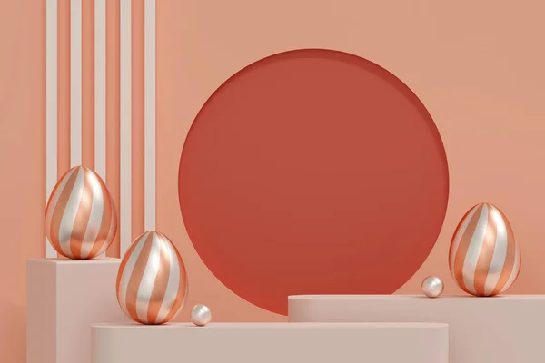 Ostereier Und Silberne Kugel Auf Orangefarbenem Podium Hintergrund Ostern Konzept — Stockfoto