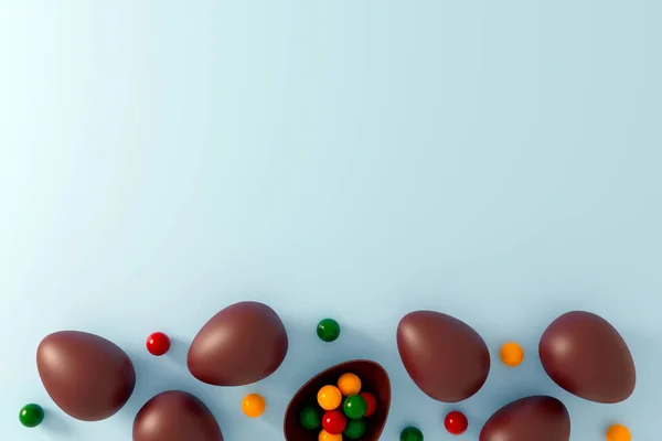 Heerlijke Chocolade Paaseieren Lichtblauwe Achtergrond Vlakke Wip Bovenaanzicht Gelukkige Paasdag — Stockfoto