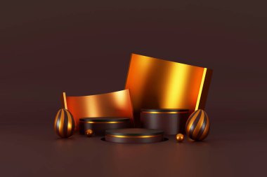 Lezzetli paskalya yumurtaları ve koyu arkaplanda altın top. Yeni ürün için Paskalya Günü sahne gösterisi, tanıtım satışı, afiş, sunum. 3B illüstrasyon