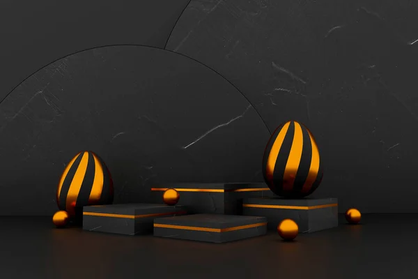 黒石の表彰台の背景にあるイースターエッグとゴールデンボール 新製品 プロモーション販売 バナー プレゼンテーション 化粧品のためのイースターデーのコンセプトシーンのショーケース 3Dイラスト — ストック写真