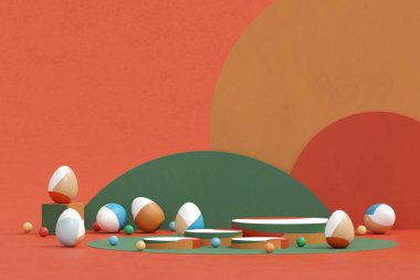 Renkli paskalya yumurtaları ve podyum arka planında altın top. Yeni ürün için Paskalya Günü sahne gösterisi, tanıtım, pankart, sunum, kozmetik. 3B illüstrasyon