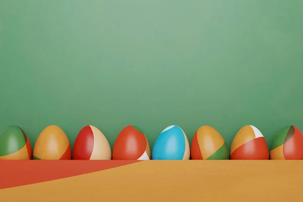 Huevos Pascua Coloridos Bola Dorada Sobre Fondo Rojo Acostado Vista —  Fotos de Stock