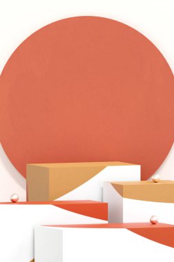 Kozmetik ürün sunumu için renkli daire sahne podyumu. Pastel renkli arka planda ürün modeli. Selamlama, kart, poster ve afiş modeli. 3B illüstrasyon