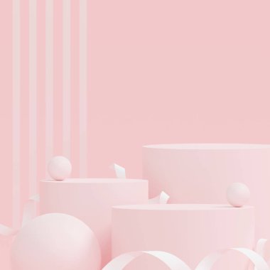 Pembe arka planda pembe mermer yuvarlak podyum. Yeni ürün için konsept sahne gösterisi, promosyon satışı, afiş, sunum, kozmetik. Kopyalama alanı ile - 3B illüstrasyon